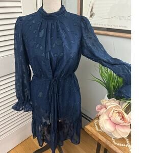TAYLOR Womens Dress Blue Ruffled Chiffon Puff Sleeve Metallic Party Feminine 8P